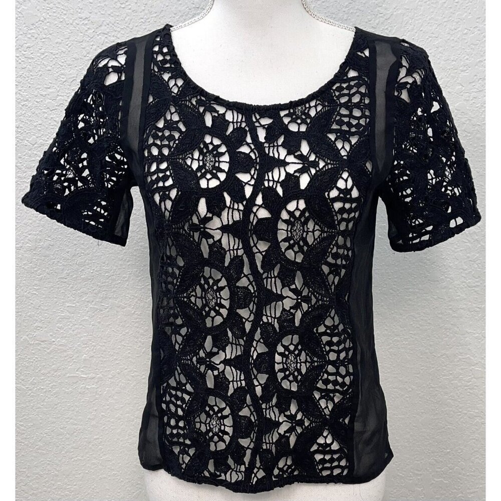 AMERICAN EAGLE OUTFITTERS Womens XS Black Sheer Lace S/S Button-Back BLOUSE EUC
